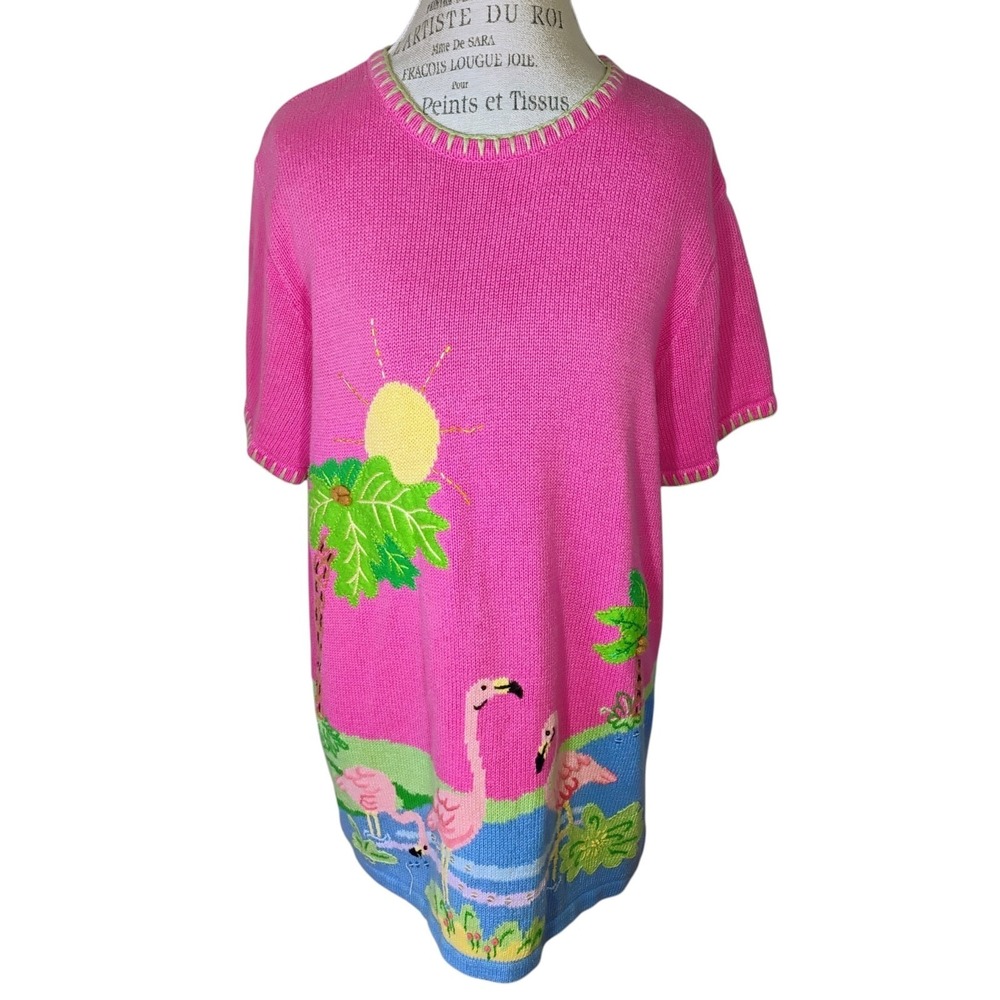 QUACKER FACTORY Vintage Flamingo Sweater Top Womens Large Pink Funky Florida
